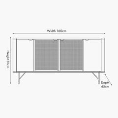 Black Acacia Wood Sideboard with Natural Rattan Panels – 4 Doors