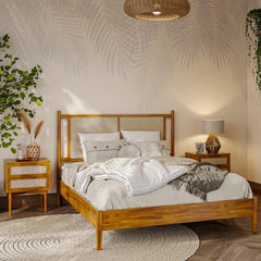 Solid Wood Rattan Platform Bed with Headboard