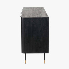 Black Acacia Wood Sideboard with Natural Rattan Panels – 4 Doors
