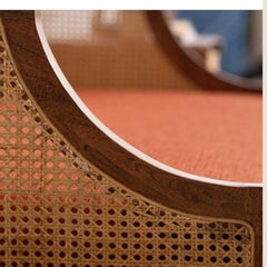 Two-seater rattan cane sofa with a teak-finished wooden frame