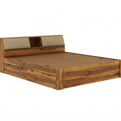 Modern Sheesham Storage Bed with Padded Headboard Shelving