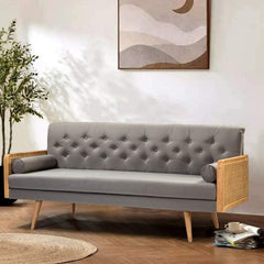 Mid-Century Style Tufted Sofa with Elegant Cane Armrests, Grey Upholstery — 1, 2 & 3-Seater Options