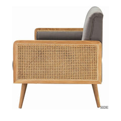 Mid-Century Style Tufted Sofa with Elegant Cane Armrests, Grey Upholstery — 1, 2 & 3-Seater Options