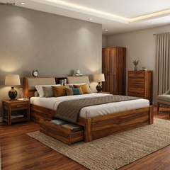 Modern Sheesham Storage Bed with Padded Headboard Shelving