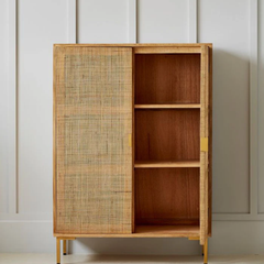 Natural Rattan 2-Door Tall Storage Cabinet with Brass Legs