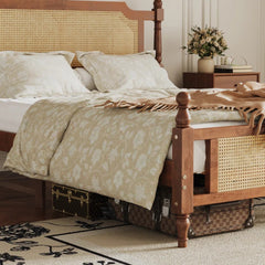 Wood Platform Bed with Rattan Headboard & Footboard, Carved Wooden Bedposts