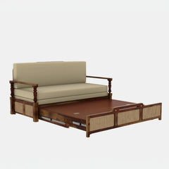 Sheesham Wood 3-Seater Sofa Bed with Cane Weaving and Premium Upholstery