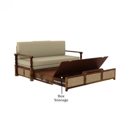 Sheesham Wood 3-Seater Sofa Bed with Cane Weaving and Premium Upholstery