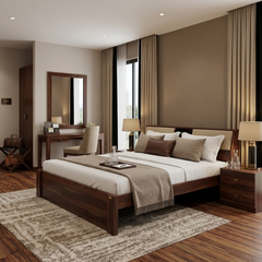 Modern Sheesham Bed with Padded Headboard Shelving