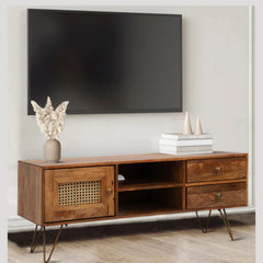Mango Wood Floor Standing TV Unit Set Top Box Stand TV Cabinet with Shelves