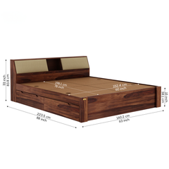 Modern Sheesham Storage Bed with Padded Headboard Shelving