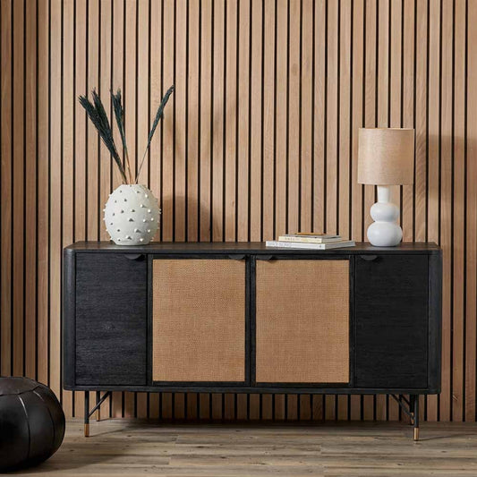 Black Acacia Wood Sideboard with Natural Rattan Panels – 4 Doors