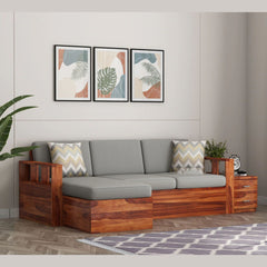 L-Shaped Sheesham Wood Multifunctional Corner Sofa with Storage