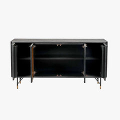 Black Acacia Wood Sideboard with Natural Rattan Panels – 4 Doors