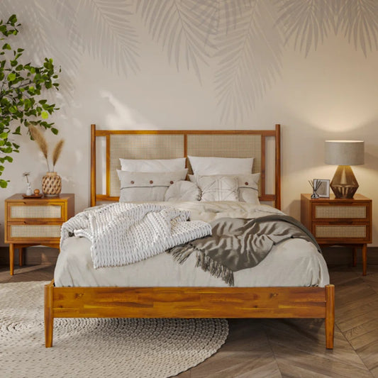 Solid Wood Rattan Platform Bed with Headboard