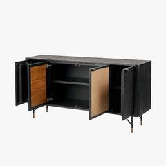 Black Acacia Wood Sideboard with Natural Rattan Panels – 4 Doors