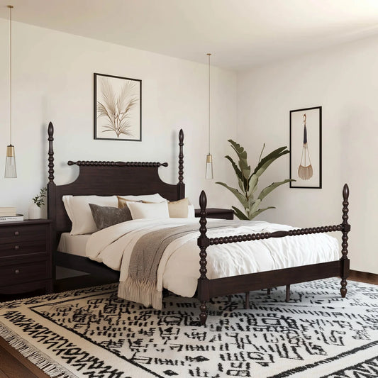 Solid Wood Low-Profile Bed with Spindle Design