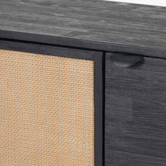 Black Acacia Wood Sideboard with Natural Rattan Panels – 4 Doors