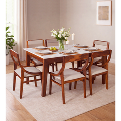 The Novara Solid Sheesham 6-Seater Dining Set with Marble-Style Top