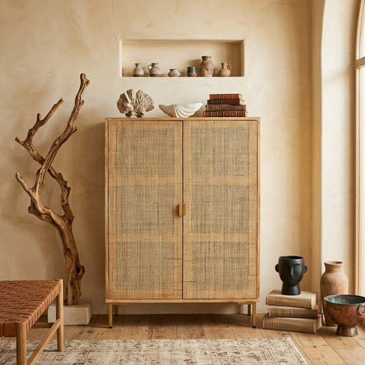 Natural Rattan 2-Door Tall Storage Cabinet with Brass Legs