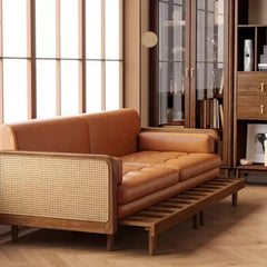 Wooden Sofa Bed with Cane Detailing & Leather Upholstery