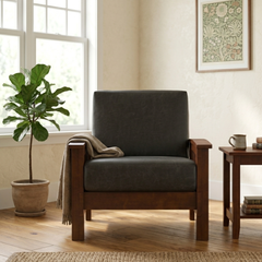 Veda Solid Wood Mission Accent Chair With Dark Grey Fabric