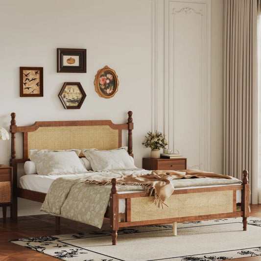 Wood Platform Bed with Rattan Headboard & Footboard, Carved Wooden Bedposts