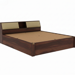 Modern Sheesham Hydraulic Bed with Padded Headboard Shelving