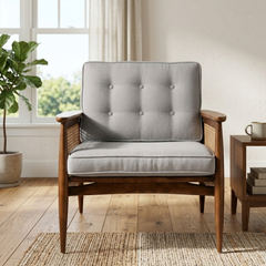 Eloise Tufted Walnut Accent Chair with Cane Webbing Grey Fabric