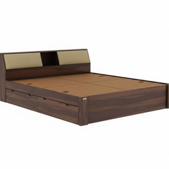 Modern Sheesham Storage Bed with Padded Headboard Shelving