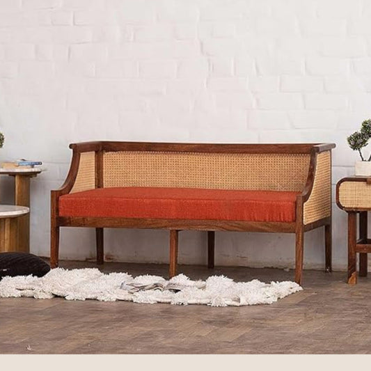 Two-seater rattan cane sofa with a teak-finished wooden frame