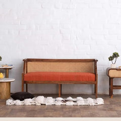 Two-seater rattan cane sofa with a teak-finished wooden frame