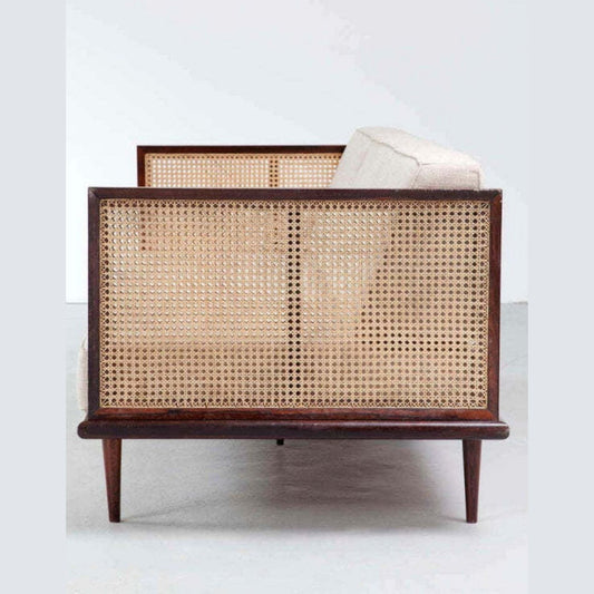 Beige Cane Sofa with Mid-Century Wooden Frame – Available in 1, 2 & 3 Seater Options