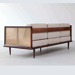 Beige Cane Sofa with Mid-Century Wooden Frame – Available in 1, 2 & 3 Seater Options