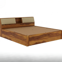 Modern Sheesham Hydraulic Bed with Padded Headboard Shelving