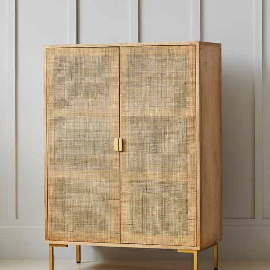 Natural Rattan 2-Door Tall Storage Cabinet with Brass Legs