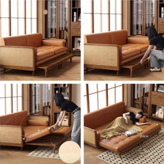 Wooden Sofa Bed with Cane Detailing & Leather Upholstery