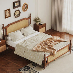 Wood Platform Bed with Rattan Headboard & Footboard, Carved Wooden Bedposts