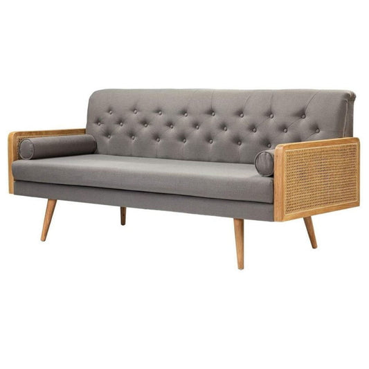 Mid-Century Style Tufted Sofa with Elegant Cane Armrests, Grey Upholstery — 1, 2 & 3-Seater Options