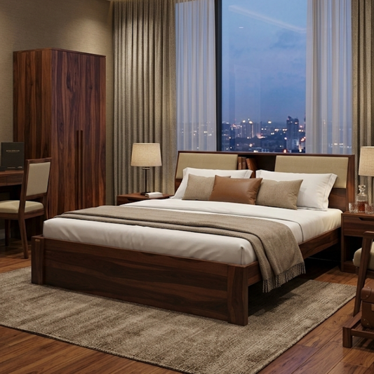 Modern Sheesham Hydraulic Bed with Padded Headboard Shelving