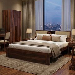 Modern Sheesham Hydraulic Bed with Padded Headboard Shelving