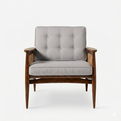 Eloise Tufted Walnut Accent Chair with Cane Webbing Grey Fabric