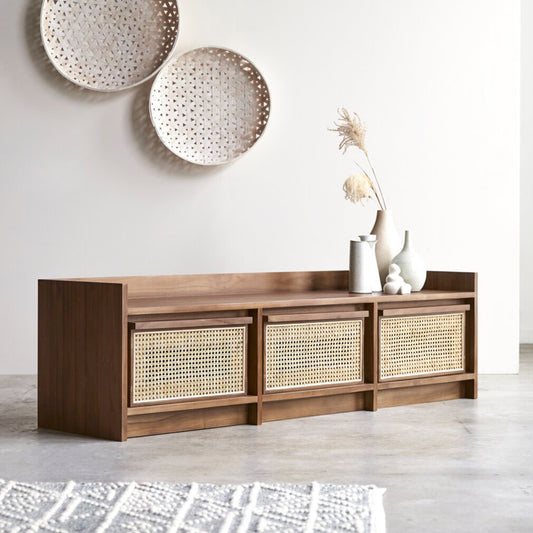 Modern Rattan TV Unit with Storage Shelves