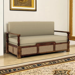 Sheesham Wood 3-Seater Sofa Bed with Cane Weaving and Premium Upholstery