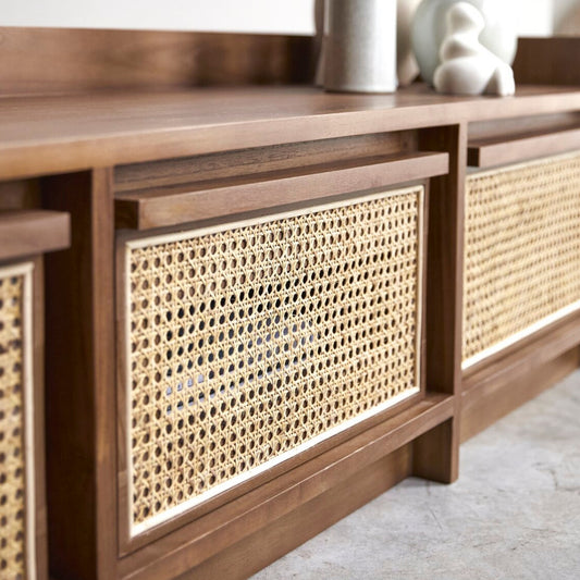 Modern Rattan TV Unit with Storage Shelves