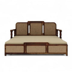 Sheesham Wood 3-Seater Sofa Bed with Cane Weaving and Premium Upholstery