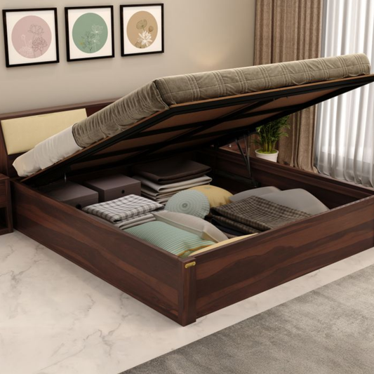 Modern Sheesham Hydraulic Bed with Padded Headboard Shelving