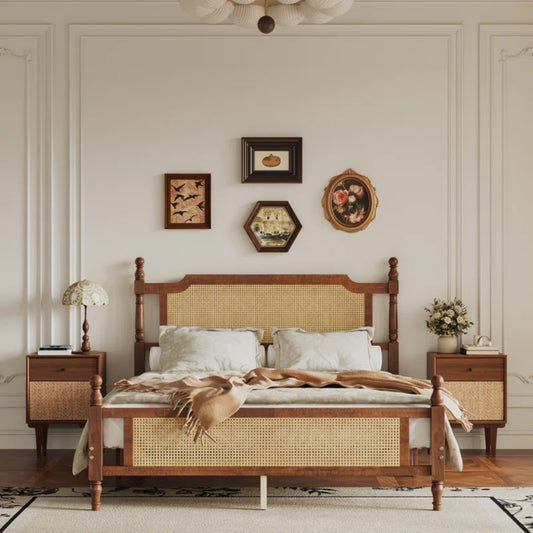 Wood Platform Bed with Rattan Headboard & Footboard, Carved Wooden Bedposts
