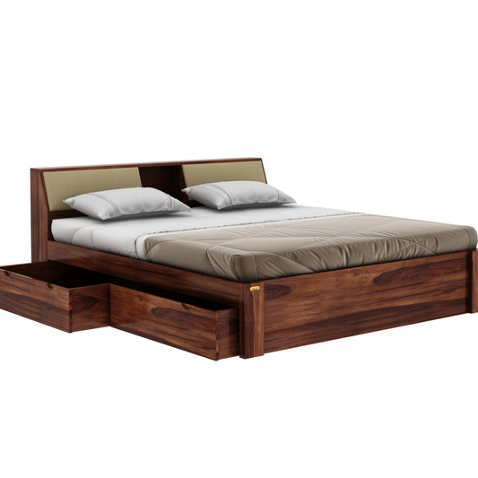 Modern Sheesham Storage Bed with Padded Headboard Shelving