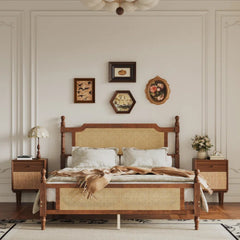 Wood Platform Bed with Rattan Headboard & Footboard, Carved Wooden Bedposts